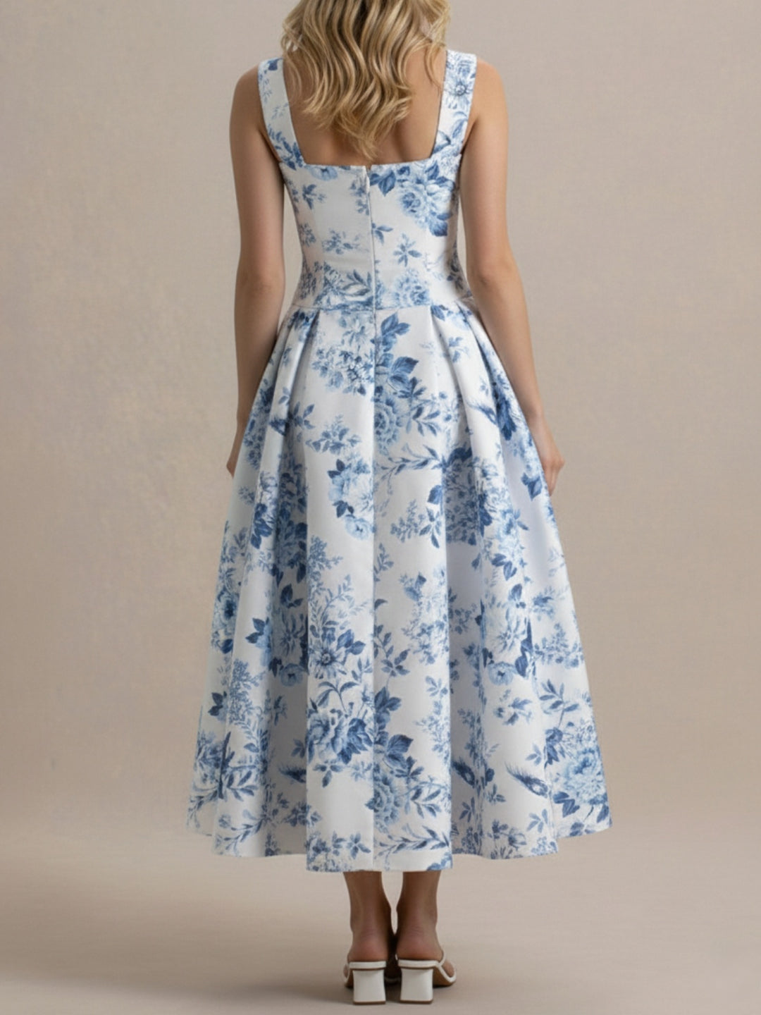 A-Line/Princess Square Collar Printed Flower Wedding Guest Dresses Tea-Length Spaghetti Straps Pleated