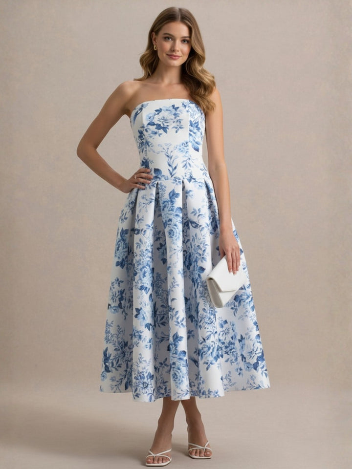 A-Line/Princess Square Collar Printed Flower Wedding Guest Dresses Tea-Length Spaghetti Straps Pleated