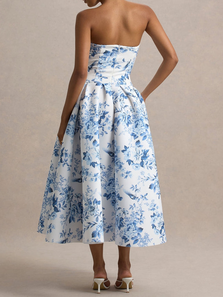 A-Line/Princess Square Collar Printed Flower Wedding Guest Dresses Tea-Length Spaghetti Straps Pleated