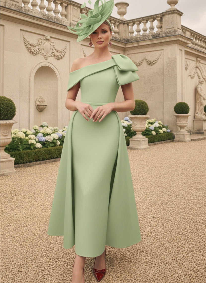 Sheath/Column Off-the-Shoulder Mother of the Bride Dresses Stretch Satin Ankle-Length Sleeveless Watteau Train Bowknot