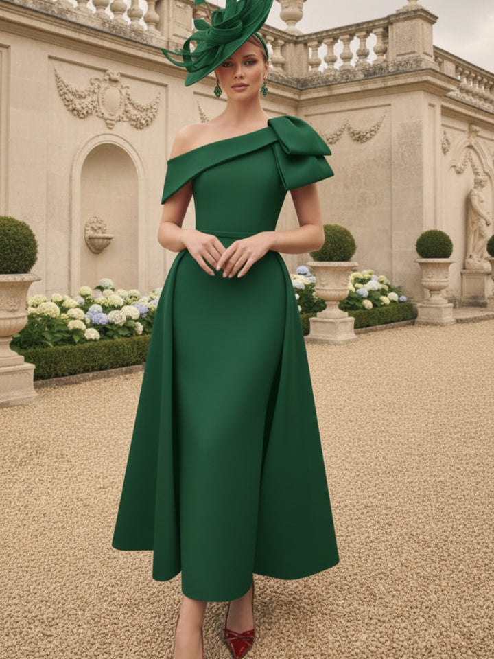 Sheath/Column Off-the-Shoulder Mother of the Bride Dresses Stretch Satin Ankle-Length Sleeveless Watteau Train Bowknot