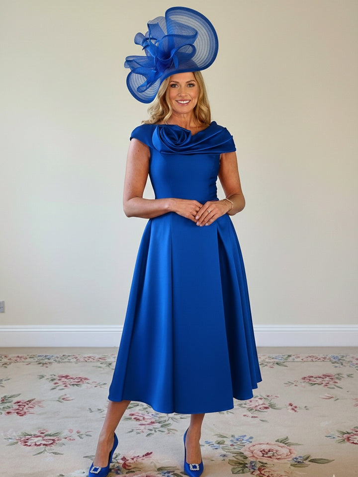 A-Line/Princess Off-the-Shoulder Mother of the Bride Dresses Stretch Satin Tea-Length Sleeveless Pleated with Pocket