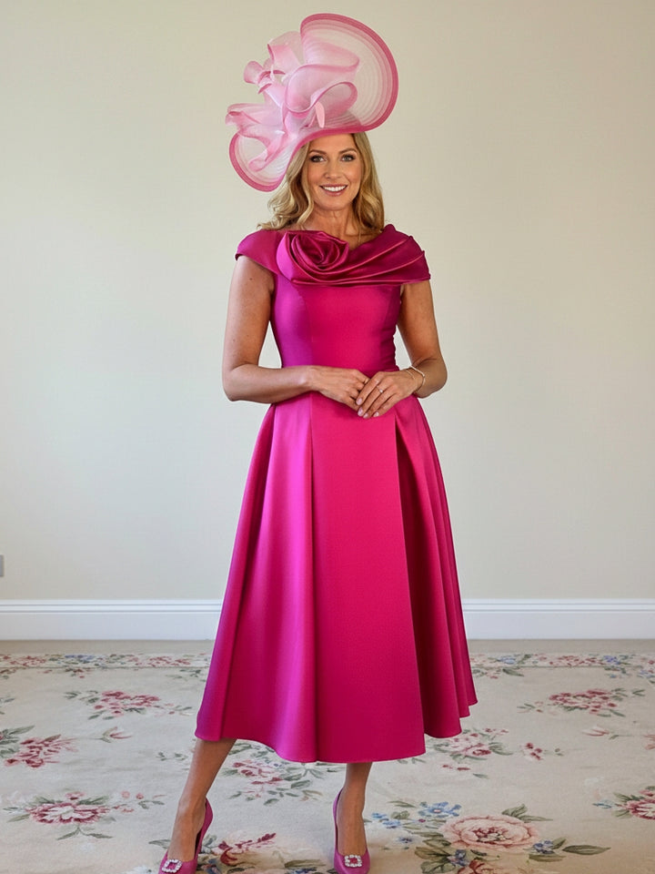 A-Line/Princess Off-the-Shoulder Mother of the Bride Dresses Stretch Satin Tea-Length Sleeveless Pleated with Pocket