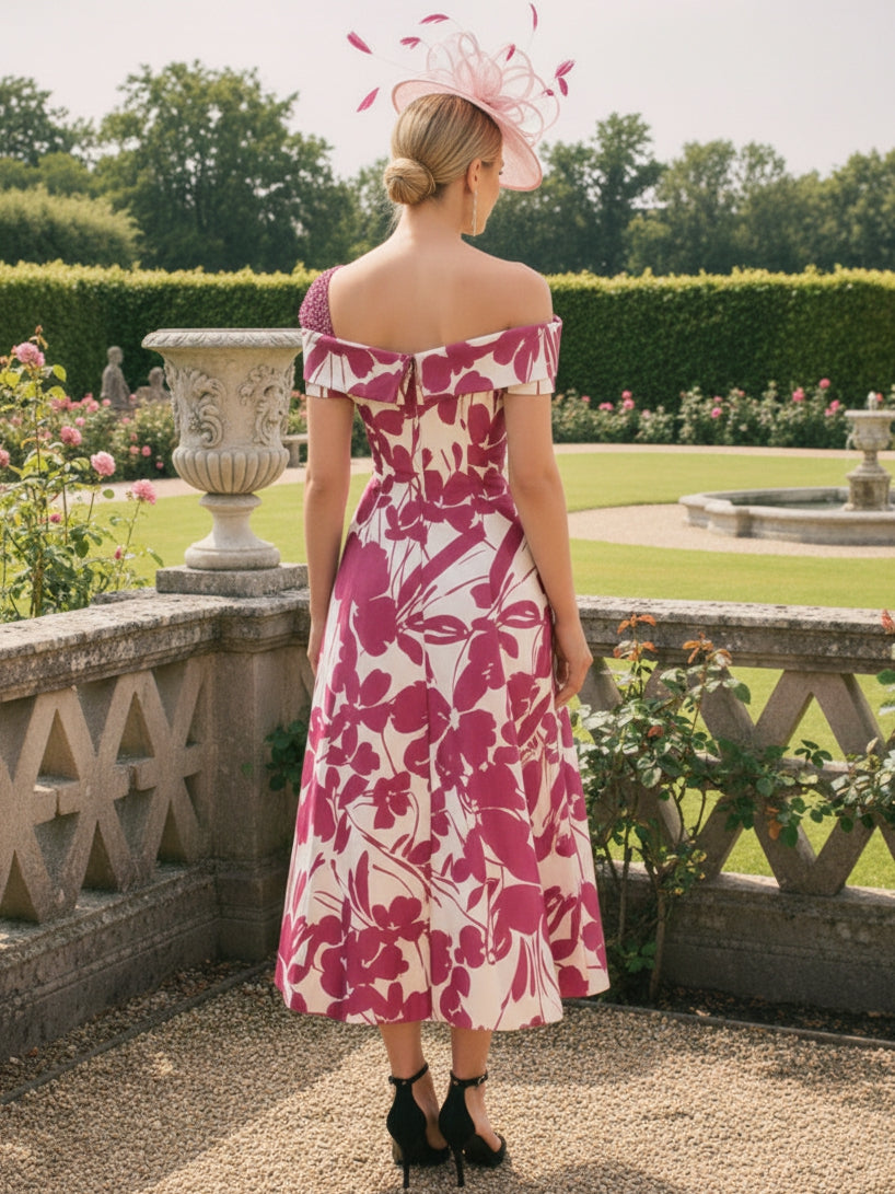 A-Line/Princess Criss Cross Mother of the Bride Dresses Satin Tea-Length Short Sleeves Printed Floral