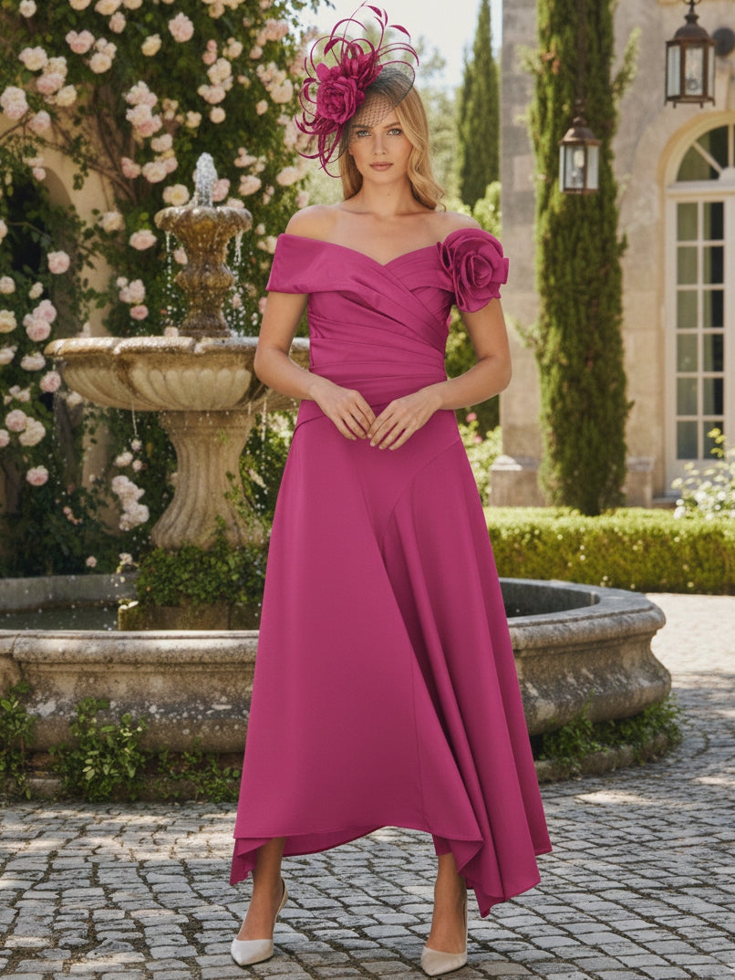 A-Line/Princess Criss Cross Mother of the Bride Dresses with Flower Chiffon Ankle-Length Short Sleevess