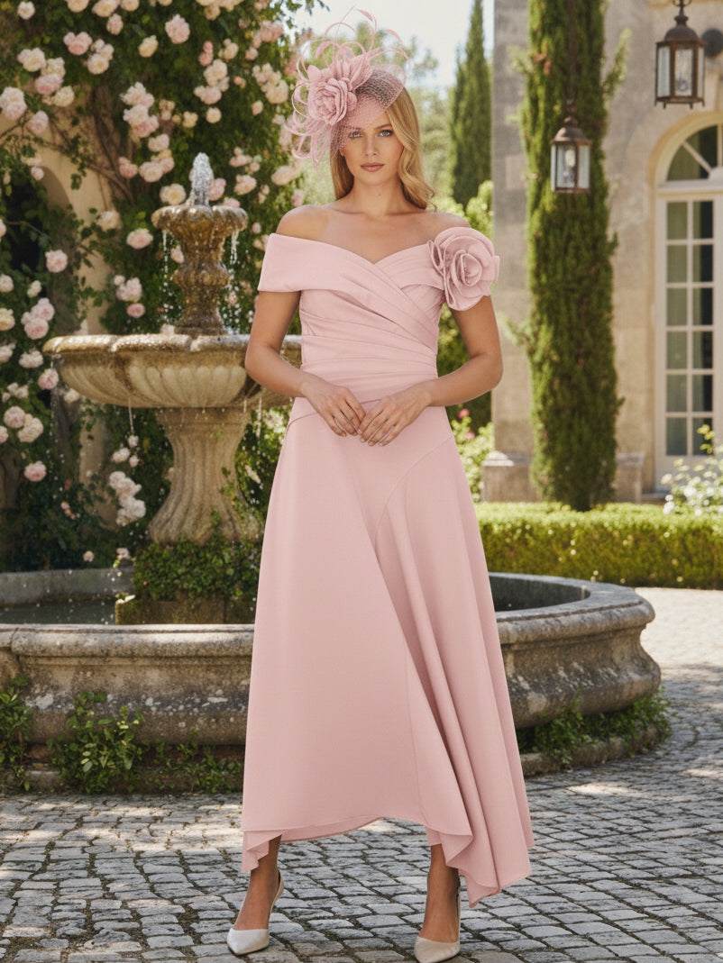 A-Line/Princess Criss Cross Mother of the Bride Dresses with Flower Chiffon Ankle-Length Short Sleevess