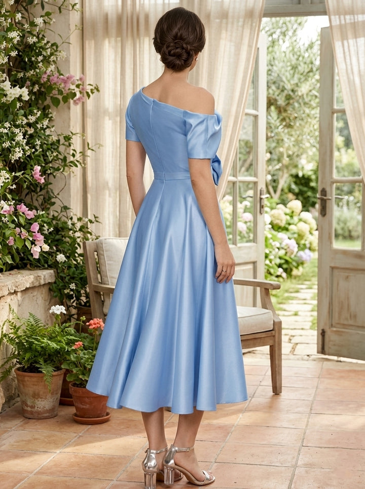 A-Line/Princess One-Shoulder Mother of the Bride Dresses Satin Tea-Length Short Sleevess Ruched