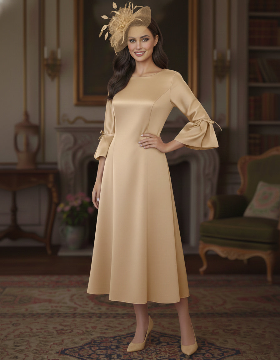 A-Line/Princess Round Neck Tea-Length Mother of the Bride Dresses 3/4 Sleeves