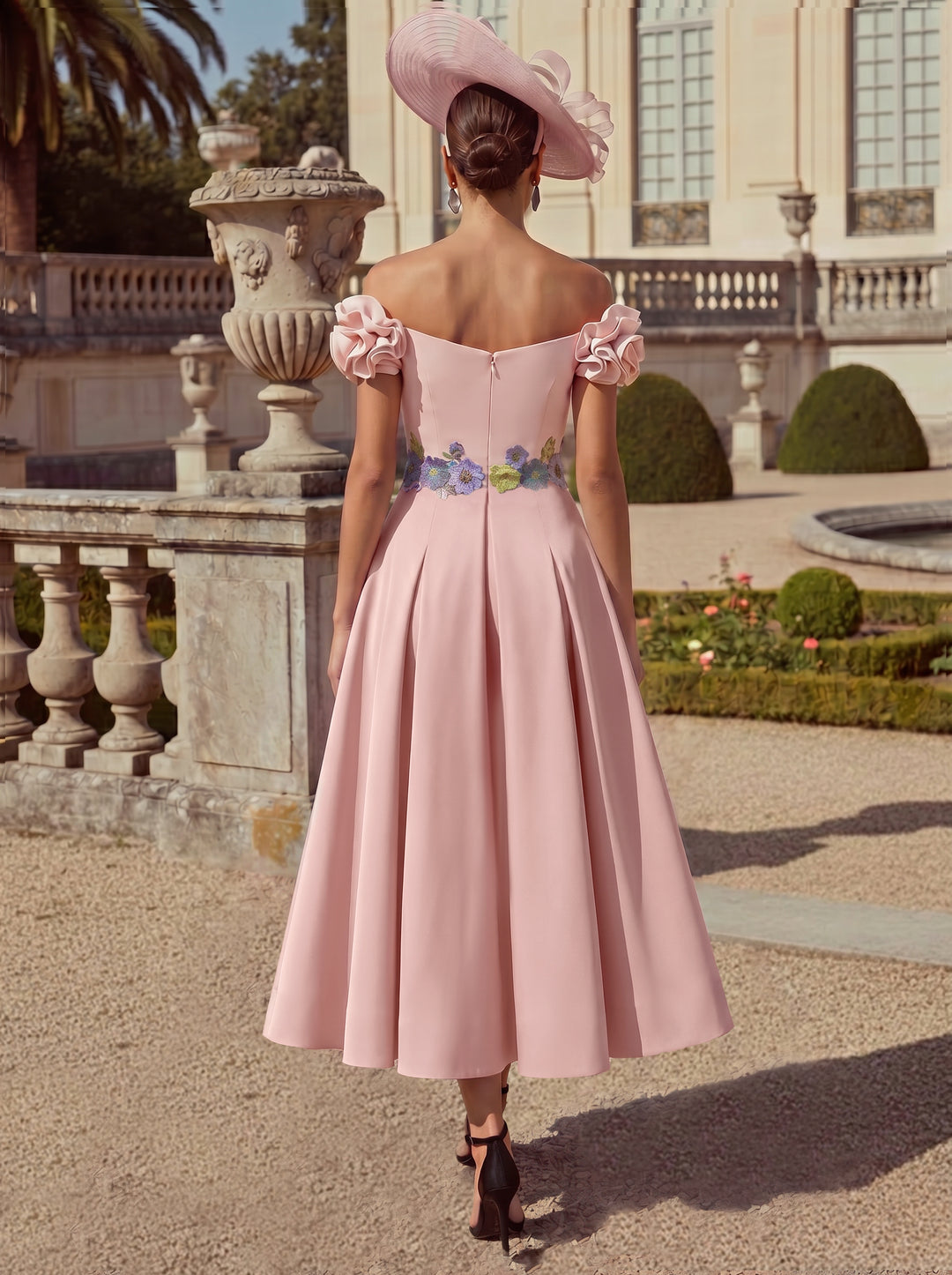 Sheath/Column Off-the-Shoulder Mother of the Bride Dresses Stretch Satin Tea-Length Sleeveless with 3D Flower