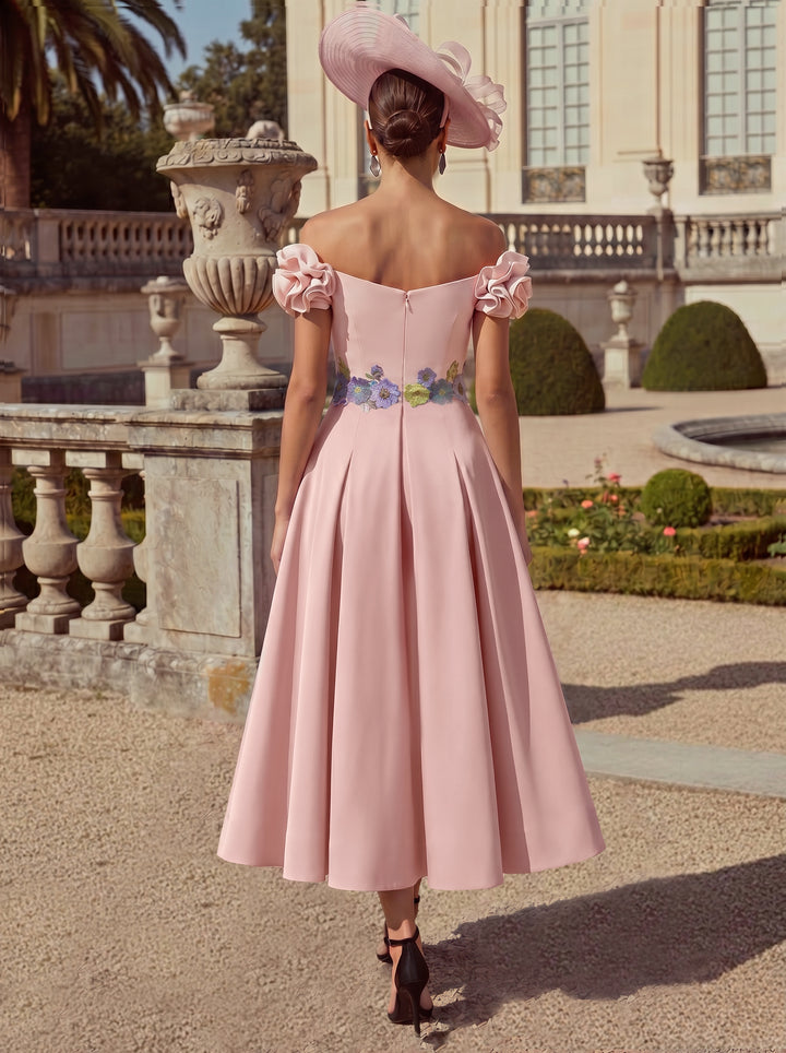 Sheath/Column Off-the-Shoulder Mother of the Bride Dresses Stretch Satin Tea-Length Sleeveless with 3D Flower