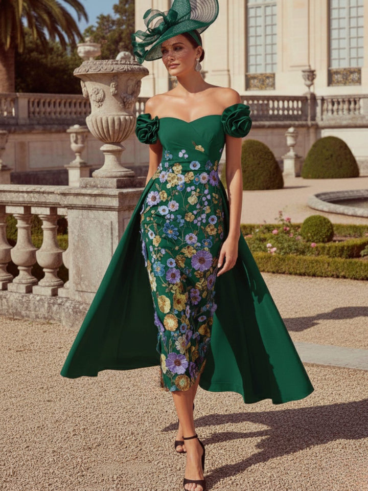 Sheath/Column Off-the-Shoulder Mother of the Bride Dresses Stretch Satin Tea-Length Sleeveless with 3D Flower