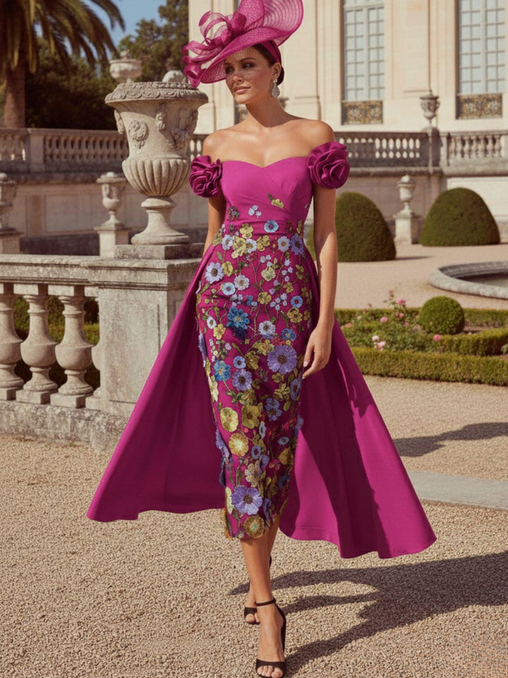 Sheath/Column Off-the-Shoulder Mother of the Bride Dresses Stretch Satin Tea-Length Floral Sleeveless with 3D Flower