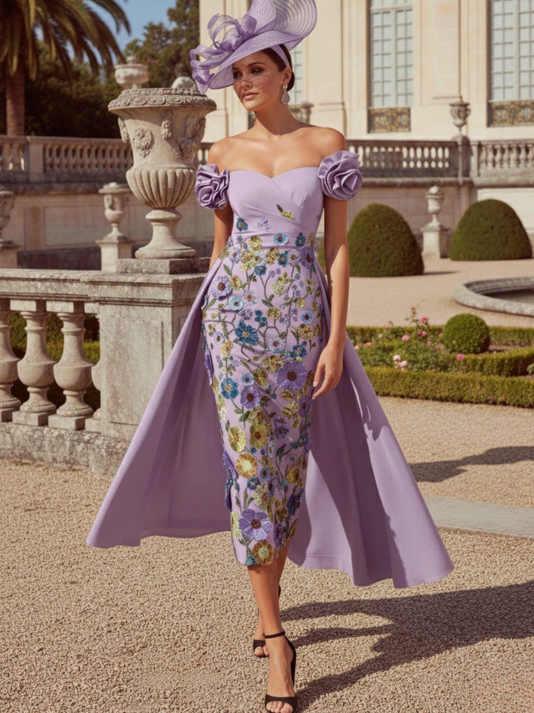 Sheath/Column Off-the-Shoulder Mother of the Bride Dresses Stretch Satin Tea-Length Floral Sleeveless with 3D Flower