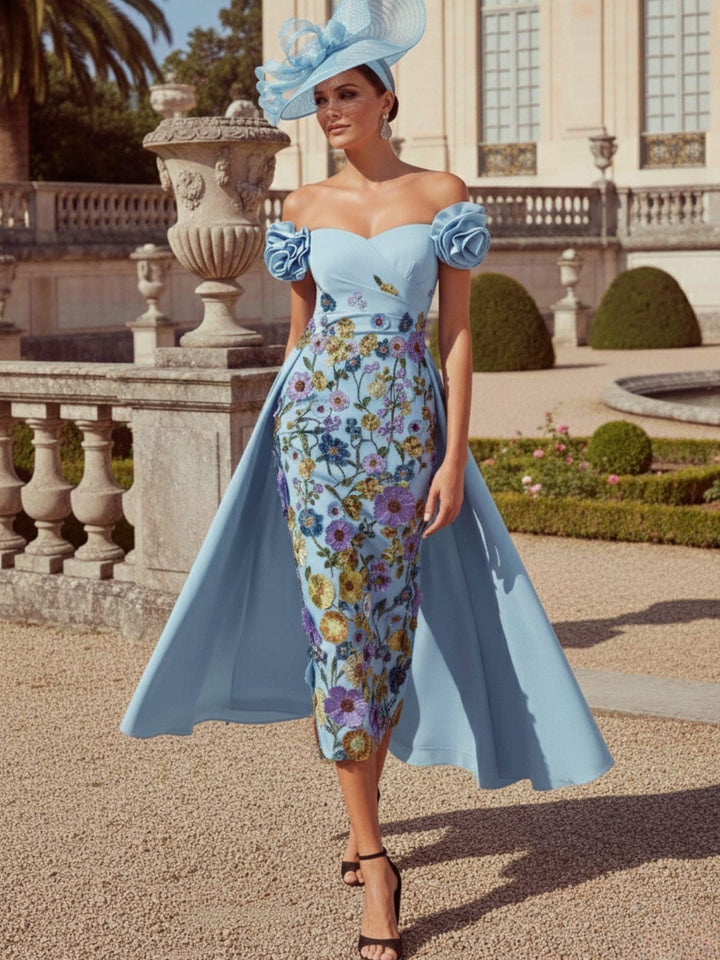Sheath/Column Off-the-Shoulder Mother of the Bride Dresses Stretch Satin Tea-Length Floral Sleeveless with 3D Flower