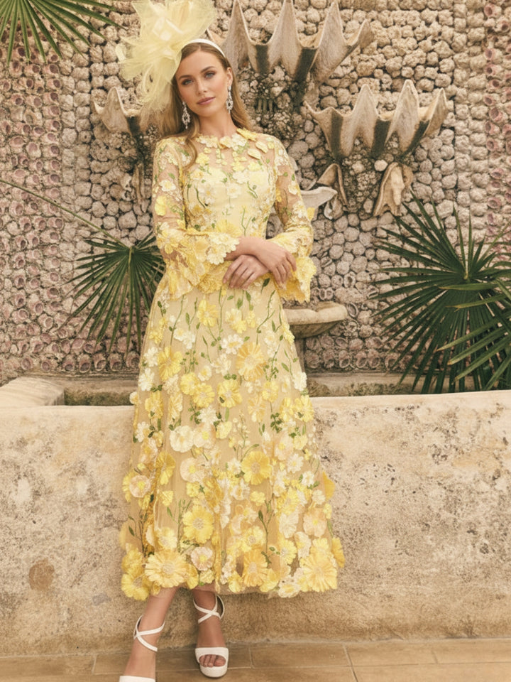 A-Line/Princess Round Neck Mother of the Bride Dresses Long Sleeves Tea-Length with Appliques