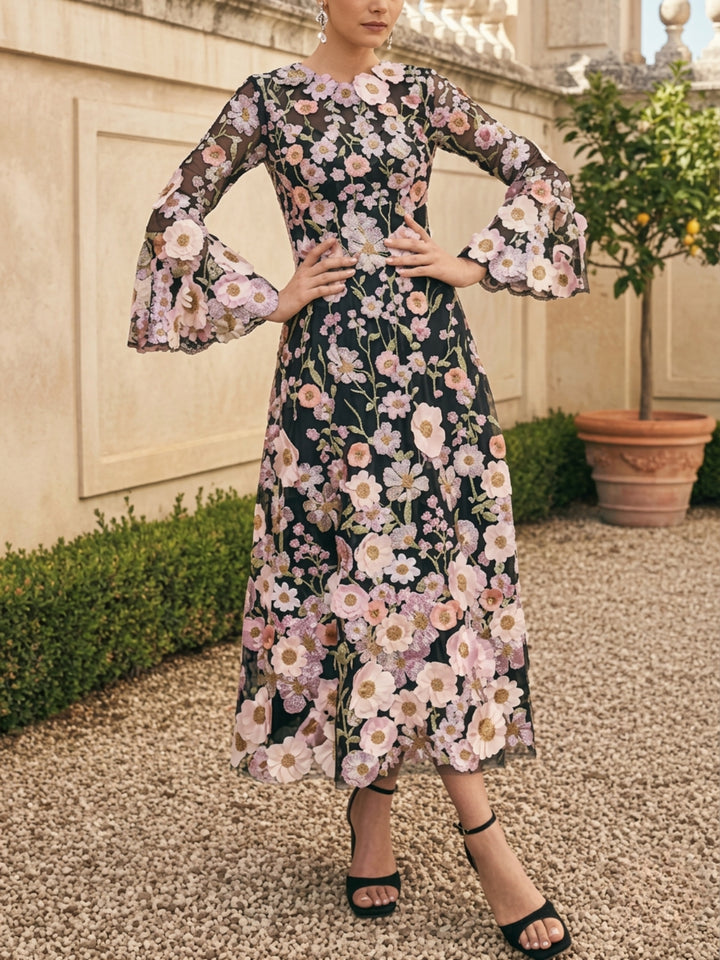 A-Line/Princess Round Neck Mother of the Bride Dresses Long Sleeves Tea-Length with Appliques