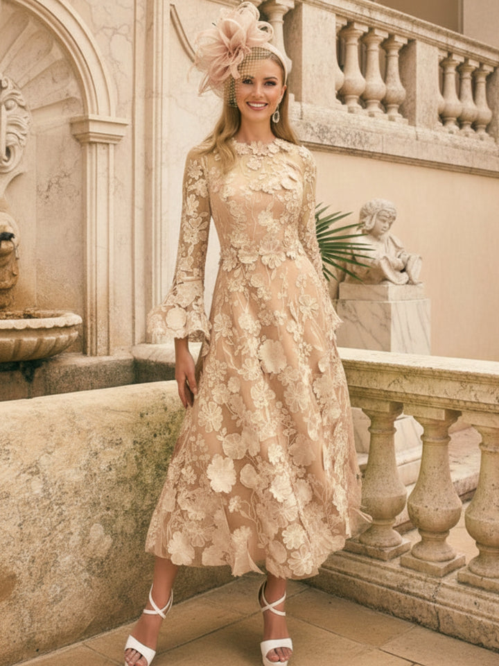 A-Line/Princess Round Neck Mother of the Bride Dresses Long Sleeves Tea-Length with Appliques