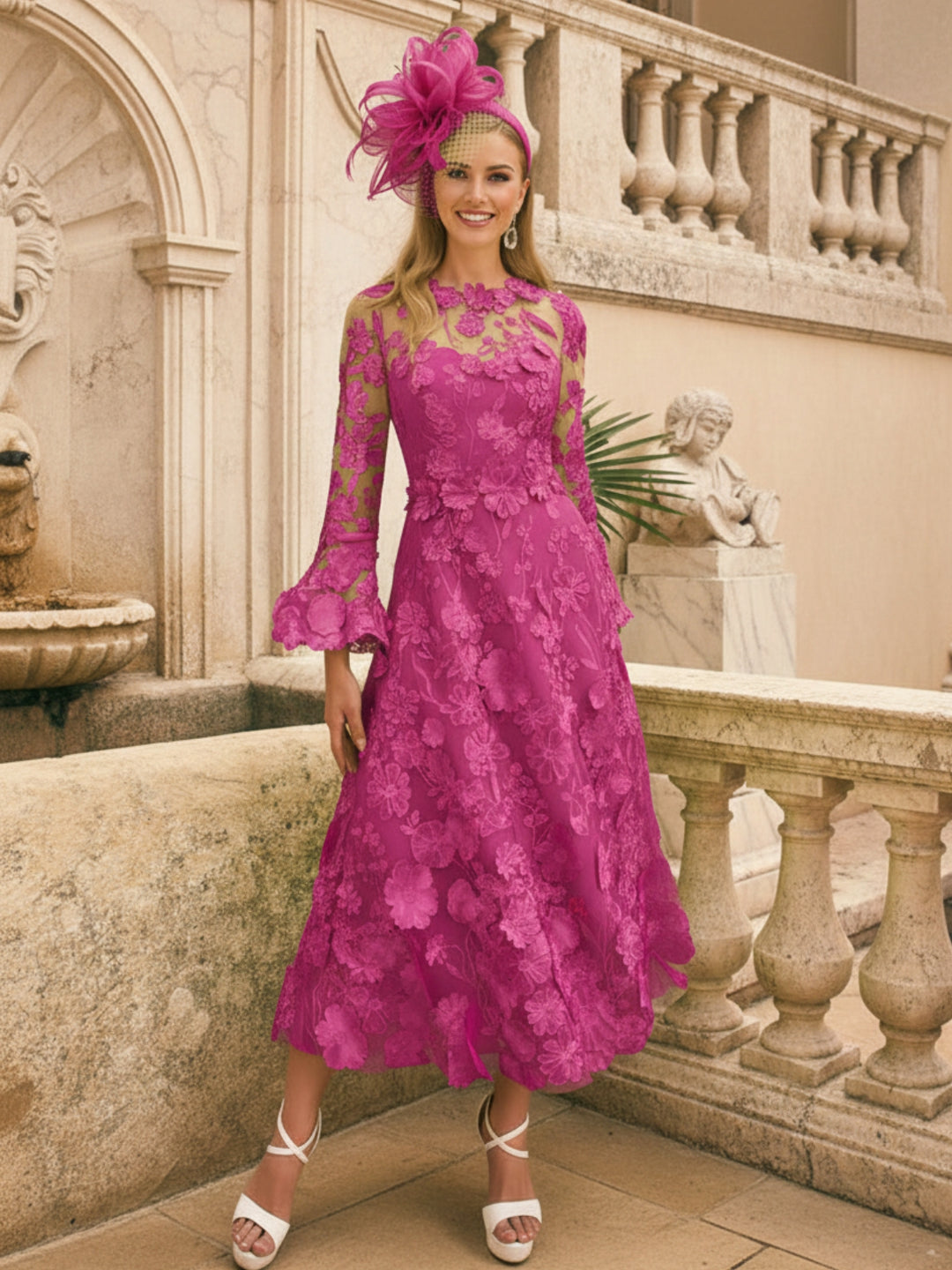 A-Line/Princess Round Neck Mother of the Bride Dresses Long Sleeves Tea-Length with Appliques