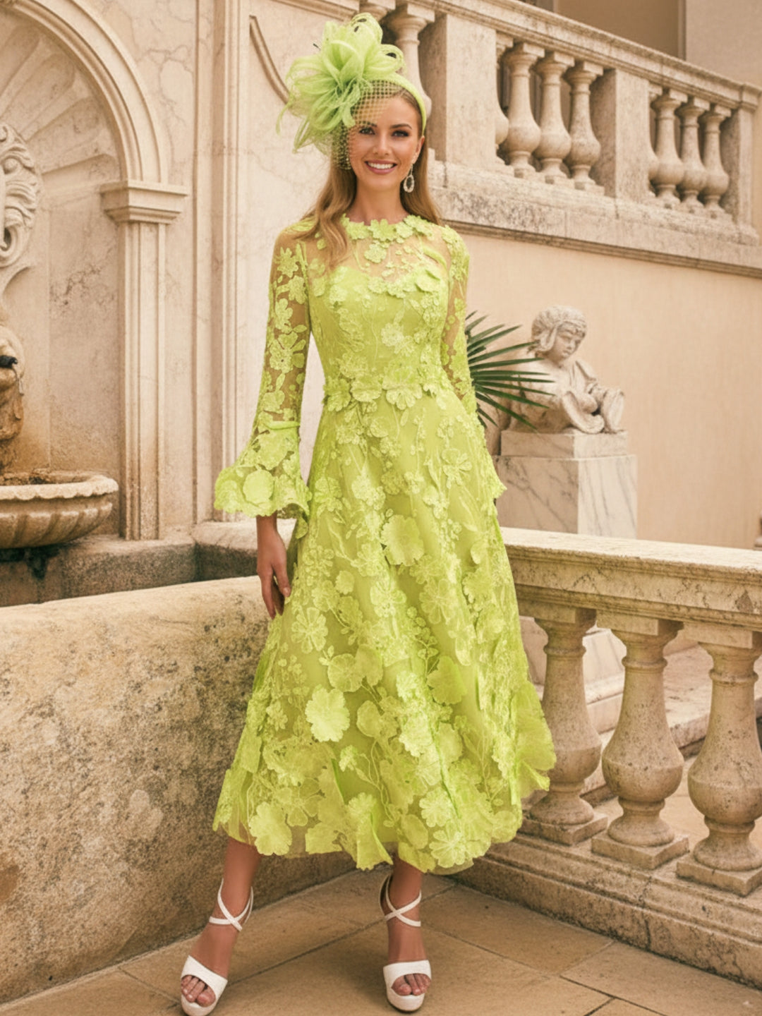 A-Line/Princess Round Neck Mother of the Bride Dresses Long Sleeves Tea-Length with Appliques