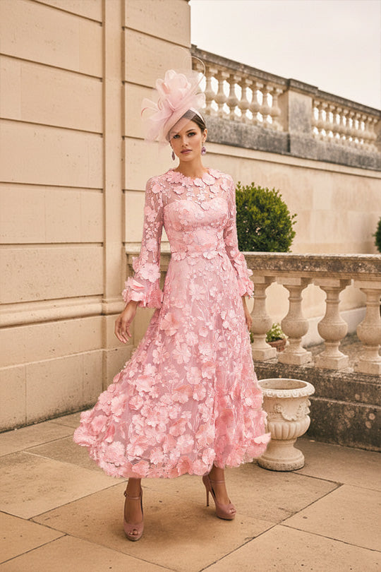 A-Line/Princess Round Neck Mother of the Bride Dresses Long Sleeves Tea-Length with Appliques