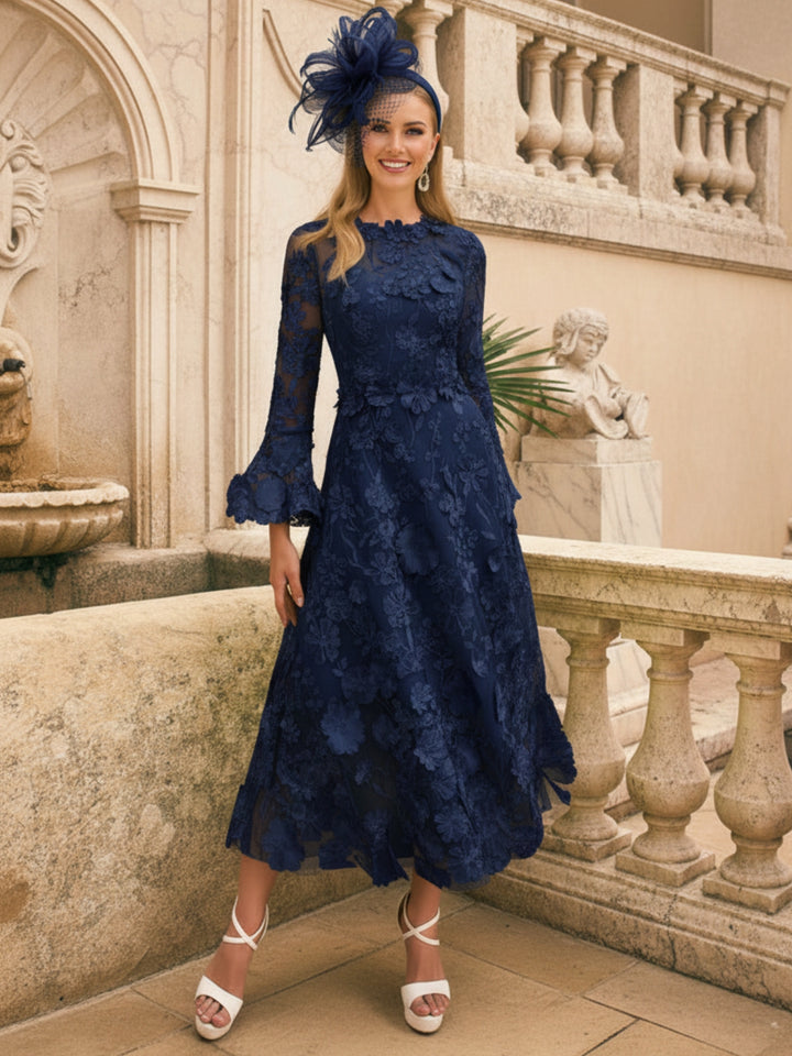 A-Line/Princess Round Neck Mother of the Bride Dresses Long Sleeves Tea-Length with Appliques