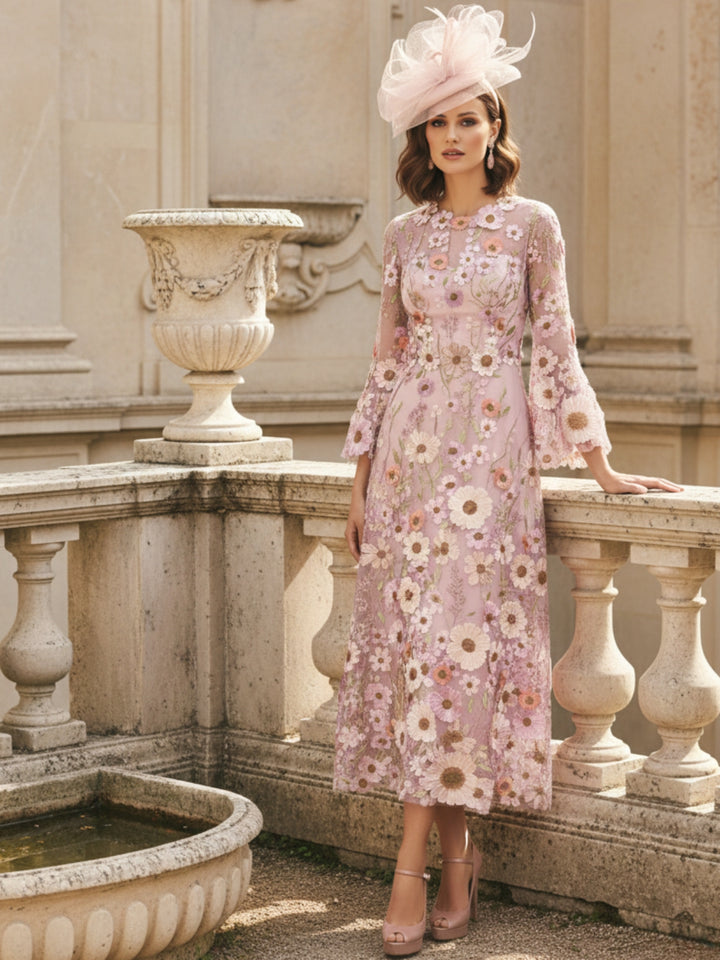 A-Line/Princess Round Neck Mother of the Bride Dresses Long Sleeves Tea-Length with Appliques