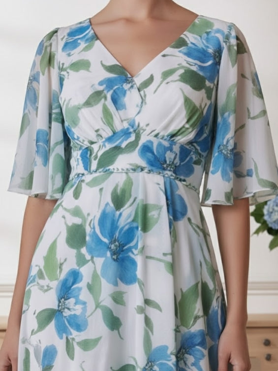A-Line/Princess V-Neck Chiffon Mother of the Bride Dresses Floral Tea-Length Half Sleeves