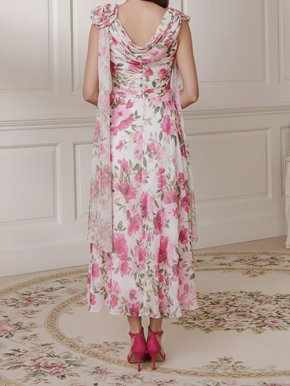 A-Line/Princess Scoop Chiffon Mother of the Bride Dresses Floral Tea-Length Sleeveless