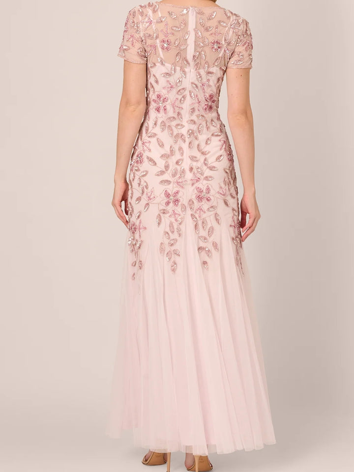 A-Line/Princess Scoop Mother of the Bride Dresses Lace Sequins Ankle-Length Short Sleeves Pleated