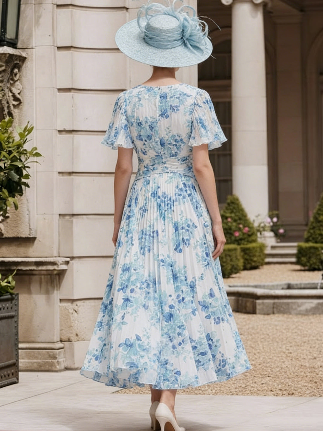 A-Line/Princess V-Neck Chiffon Mother of the Bride Dresses Floral Tea-Length Short Sleeves Pleated