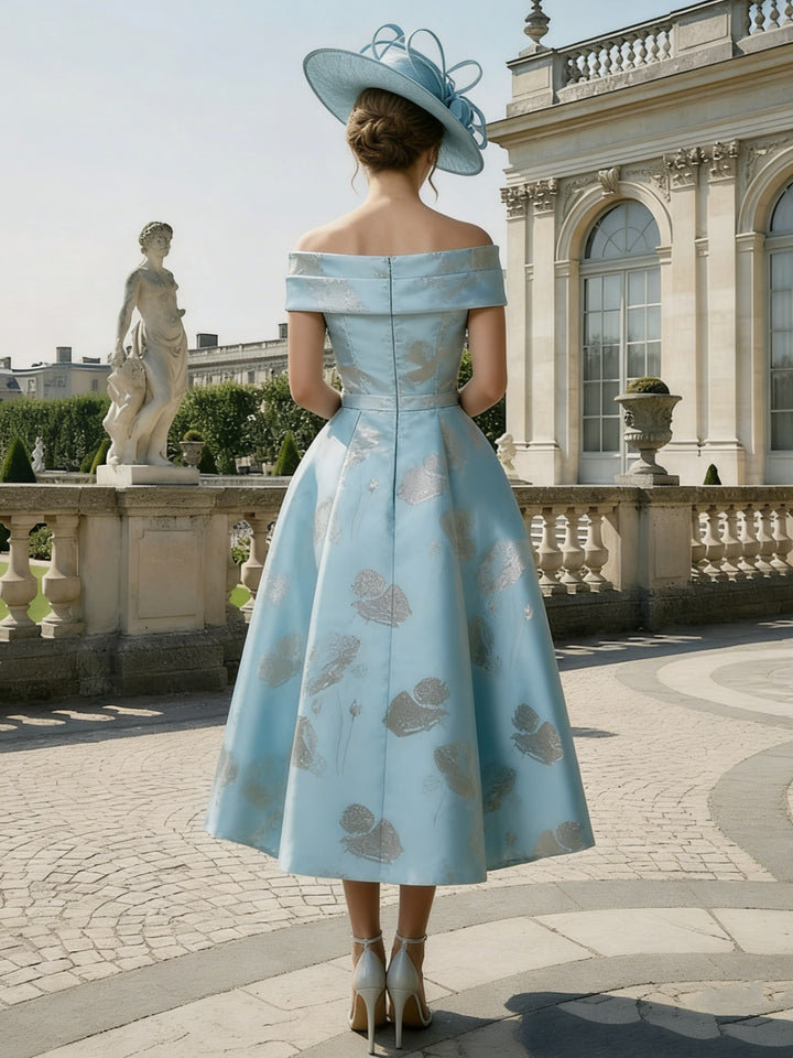 A-Line/Princess Off-the-Shoulder Mother of the Bride Dresses Printed Satin Tea-Length Sleeveless