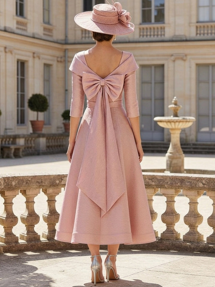 A-Line/Princess Off-the-Shoulder Satin Mother of the Bride Dresses 3/4 Sleeves Tea-Length 3D Flower