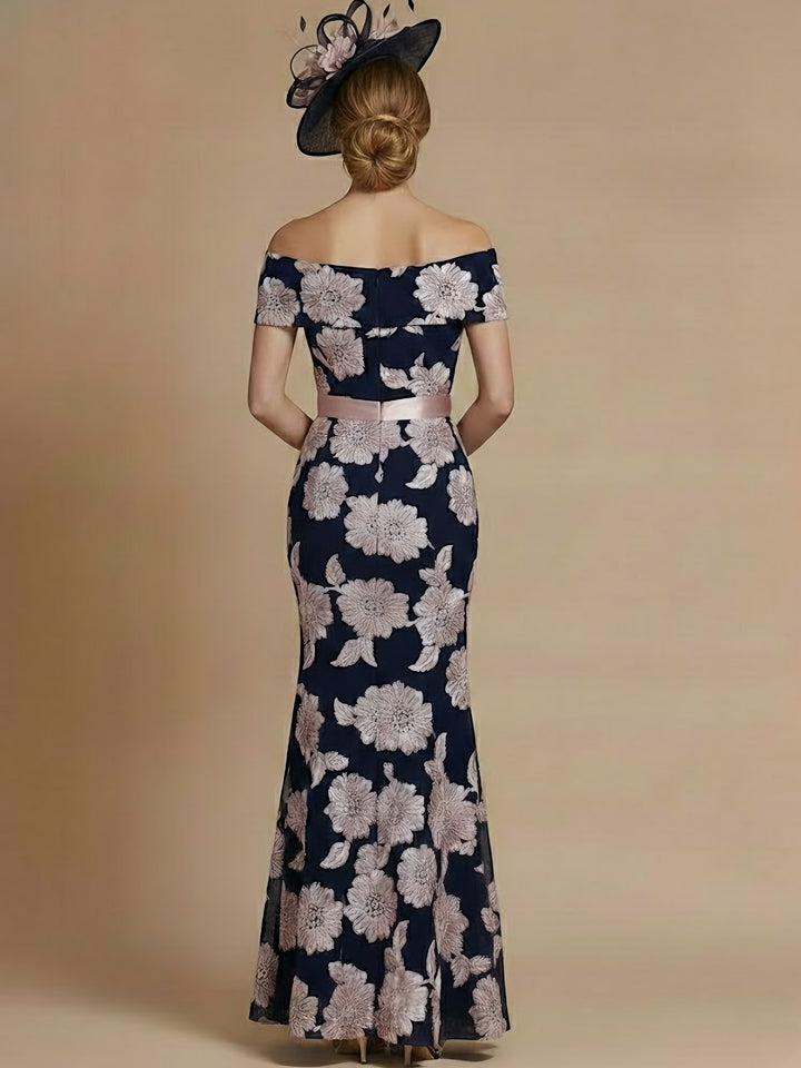 A-Line/Princess Off-the-Shoulder Mother of the Bride Dresses Printed Satin Ankle-Length Sleeveless with 3D Appliques/Belt