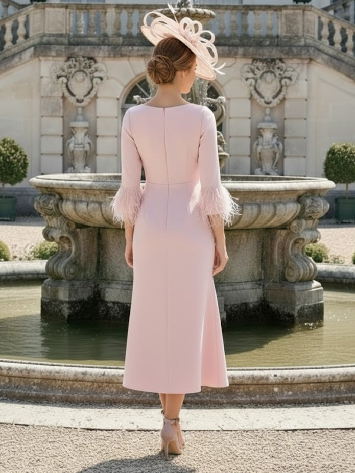 A-Line/Princess V-Neck Stretch Satin Mother of the Bride Dresses Tea-Length 3/4 Sleeves