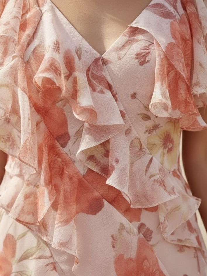 A-Line/Princess V-Neck Chiffon Mother of the Bride Dresses Floral Ankle-Length Ruffles Short Sleeves