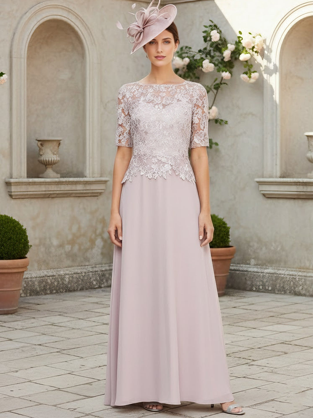 A-Line/Princess Scoop Chiffon Mother of the Bride Dresses Floor-Length Half Sleeves Lace