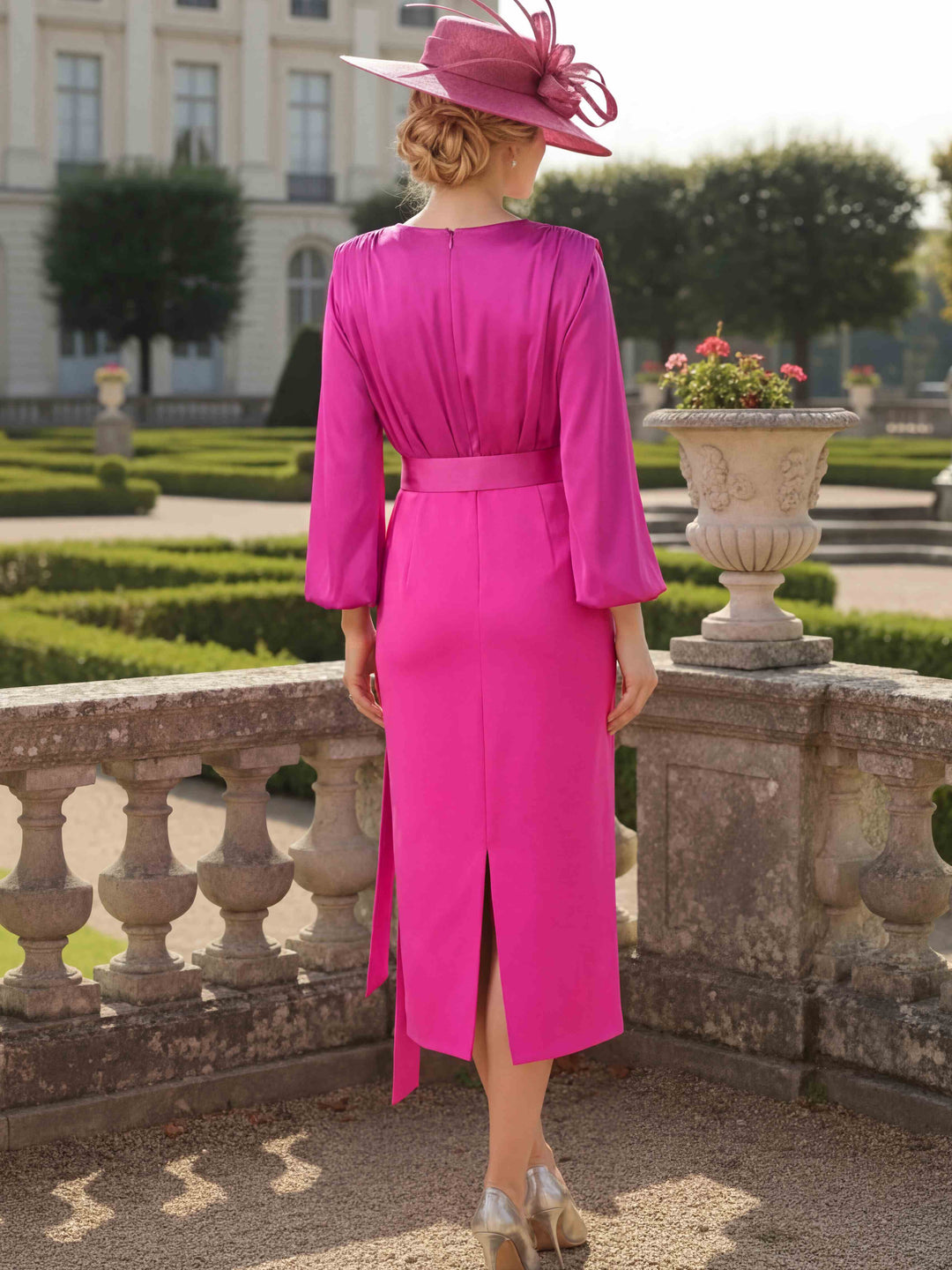Sheath/Column Scoop Satin Mother of the Bride Dresses with Belt Tea-Length Long Sleeves