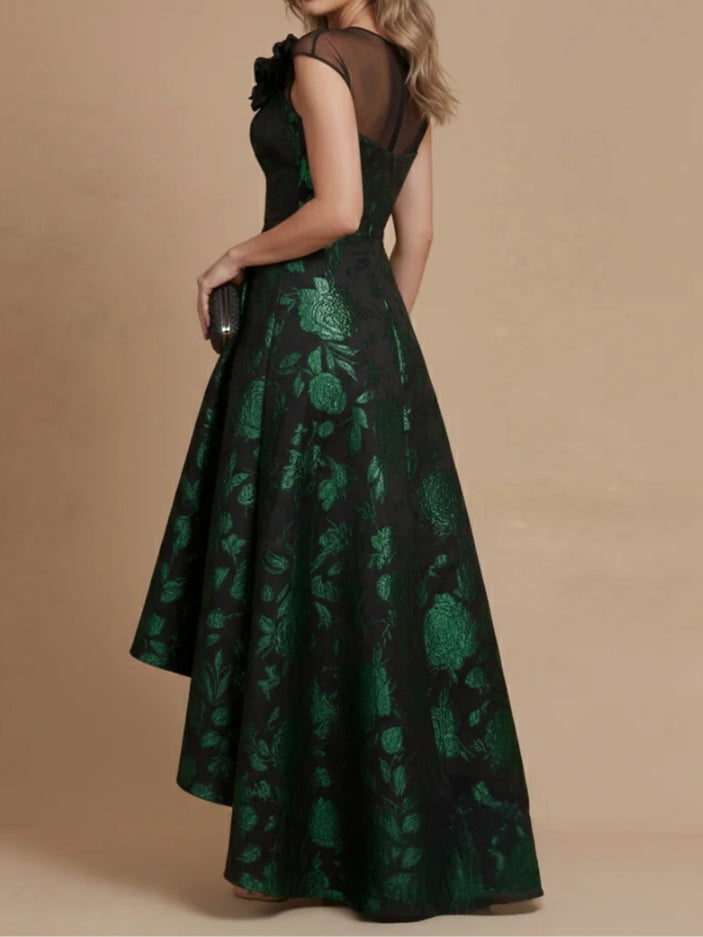 A-Line/Princess Scoop Satin Mother of the Bride Dresses Asymmetrical Floor-Length Short Sleeves Floral