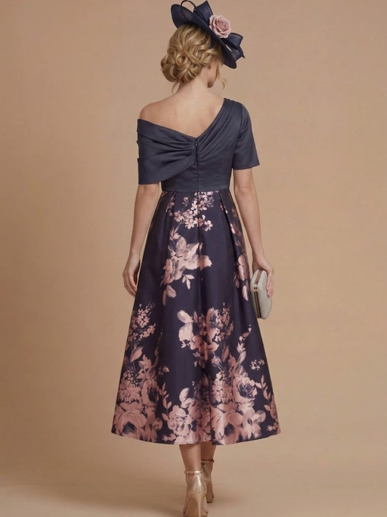 A-Line/Princess One-Shoulder Satin Mother of the Bride Dresses Tea-Length Sleeveless Floral