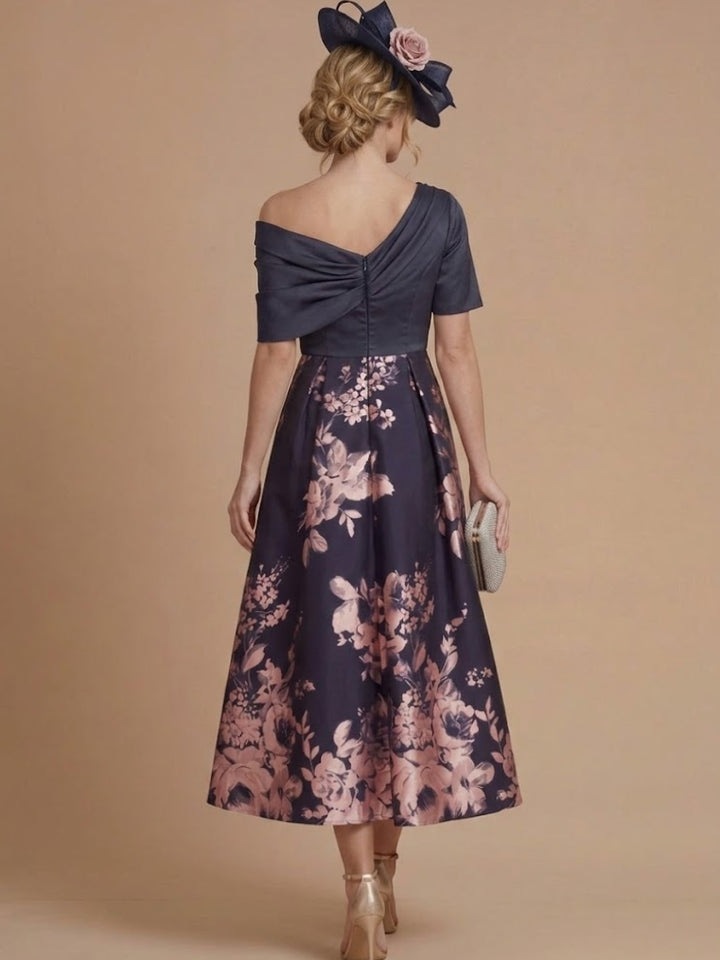 A-Line/Princess One-Shoulder Satin Mother of the Bride Dresses Tea-Length Sleeveless Floral