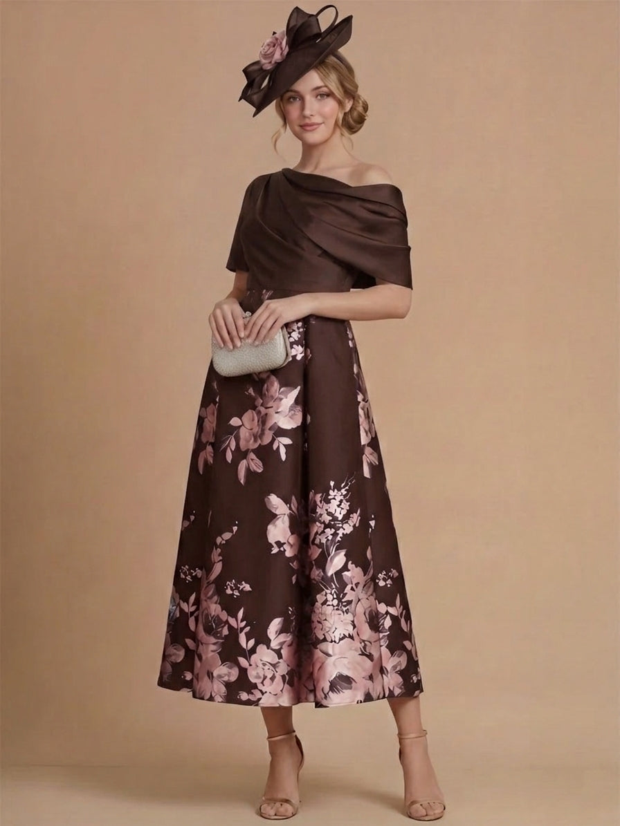 A-Line/Princess One-Shoulder Satin Mother of the Bride Dresses Tea-Length Sleeveless Floral