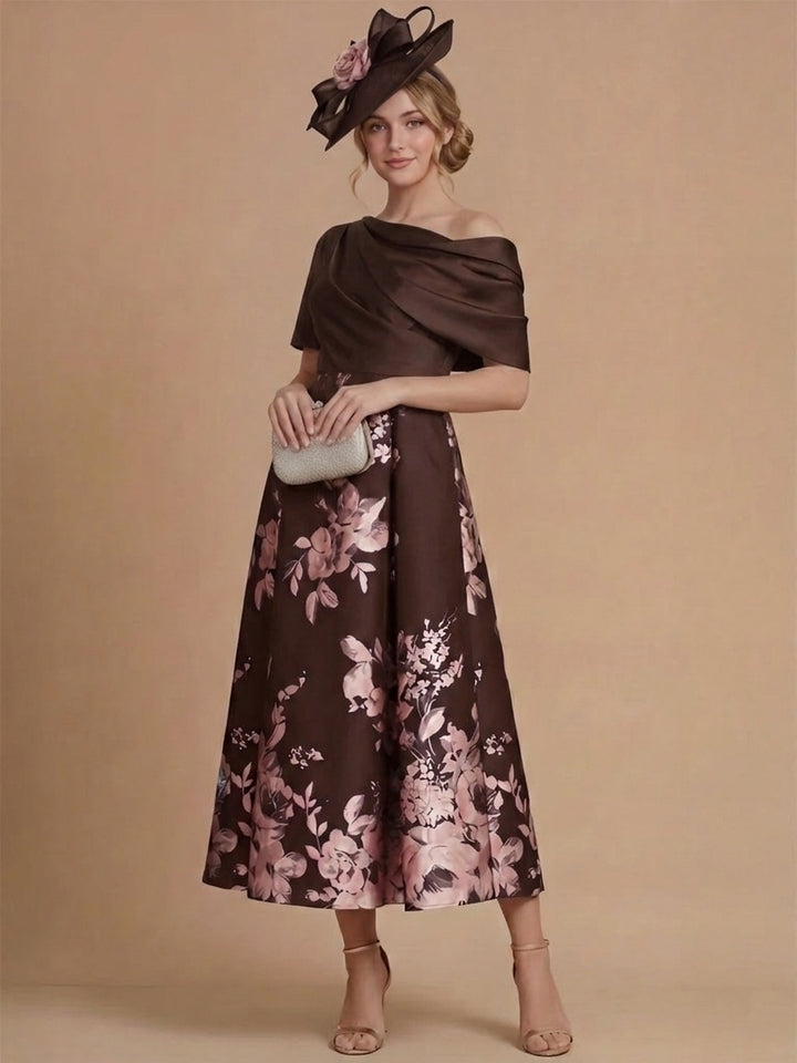 A-Line/Princess One-Shoulder Satin Mother of the Bride Dresses Tea-Length Sleeveless Floral