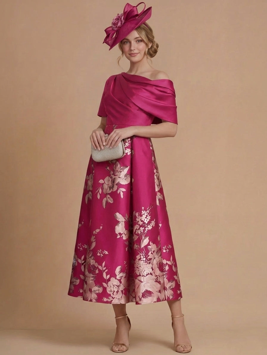 A-Line/Princess One-Shoulder Satin Mother of the Bride Dresses Tea-Length Sleeveless Floral