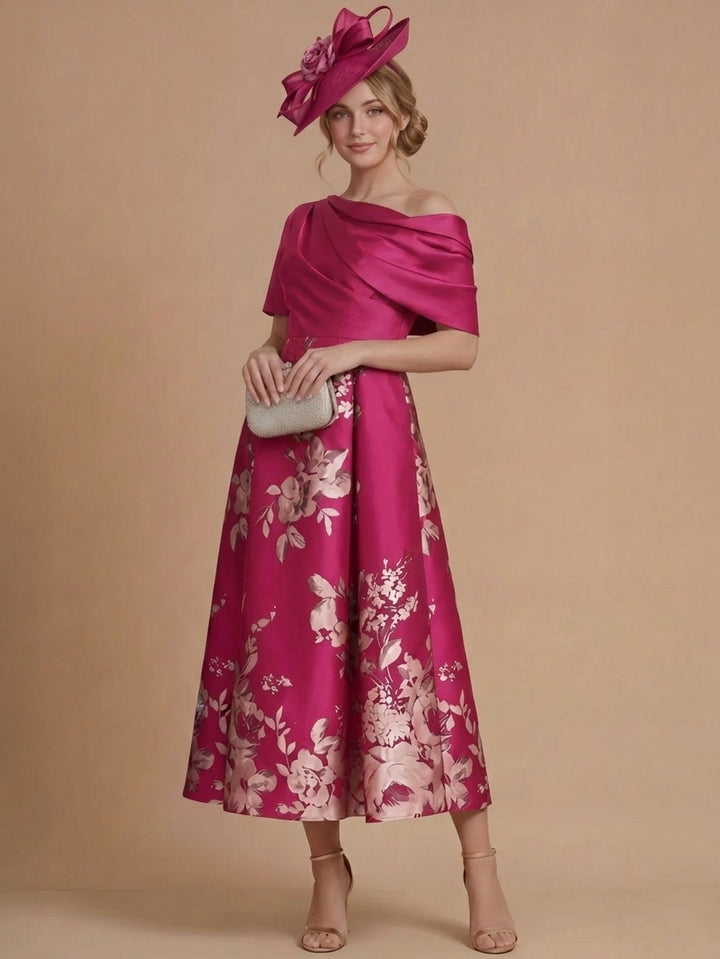A-Line/Princess One-Shoulder Satin Mother of the Bride Dresses Tea-Length Sleeveless Floral