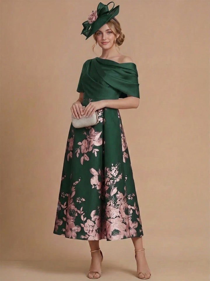 A-Line/Princess One-Shoulder Satin Mother of the Bride Dresses Tea-Length Sleeveless Floral