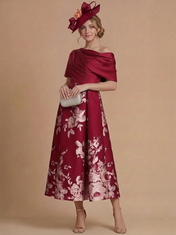 A-Line/Princess One-Shoulder Satin Mother of the Bride Dresses Tea-Length Sleeveless Floral