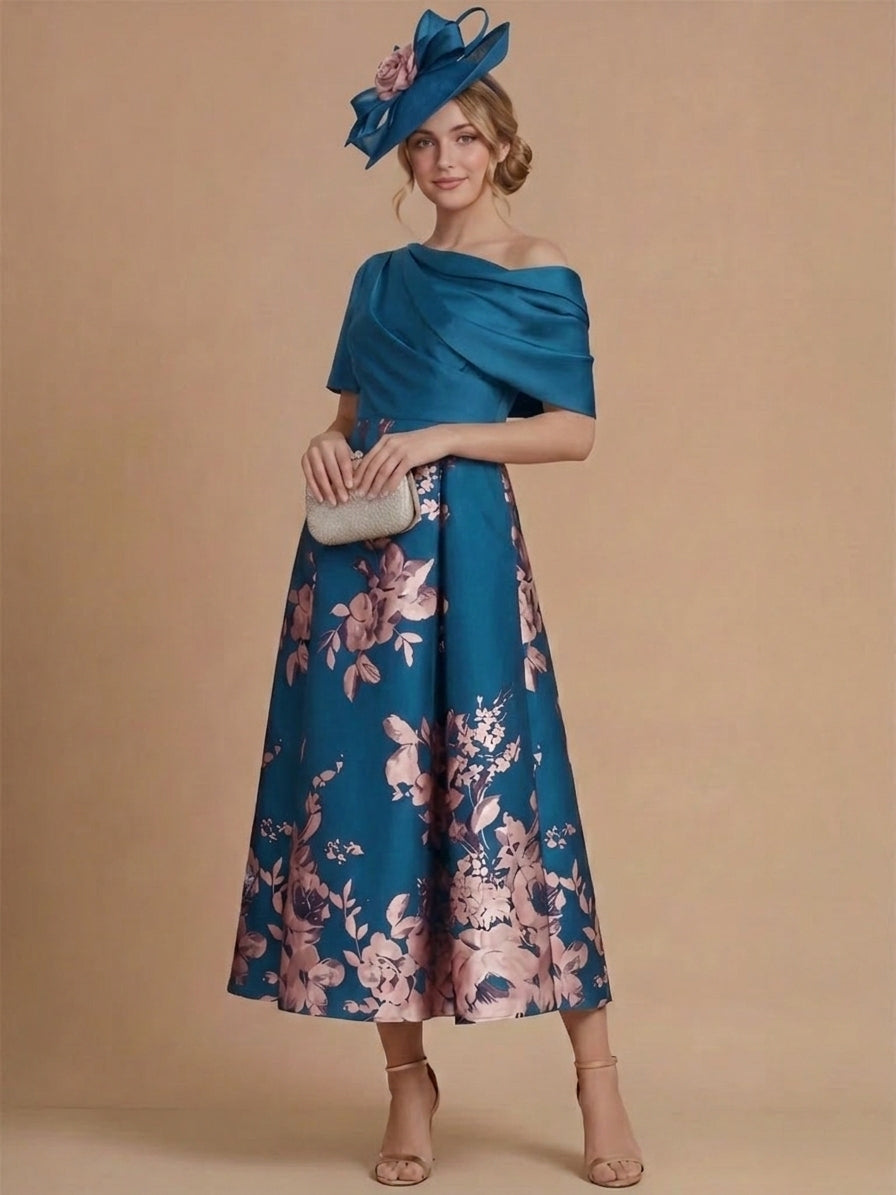 A-Line/Princess One-Shoulder Satin Mother of the Bride Dresses Tea-Length Sleeveless Floral