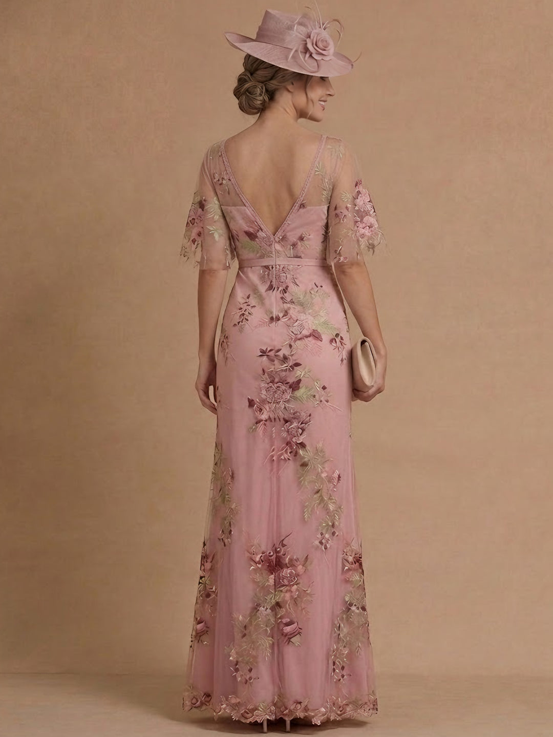 A-Line/Princess V-Neck Chiffon Mother of the Bride Dresses Floor-Length Half Sleeves Lace Floral