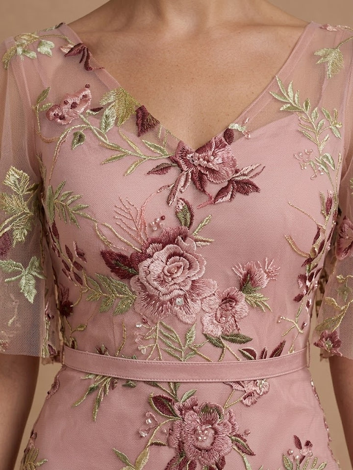 A-Line/Princess V-Neck Chiffon Mother of the Bride Dresses Floor-Length Half Sleeves Lace Floral