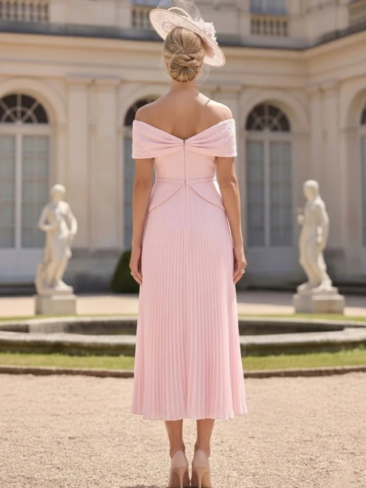 A-Line/Princess Off-the-Shoulder Stretch Satin Chiffon Mother of the Bride Dresses Tea-Length Sleeveless Pleated